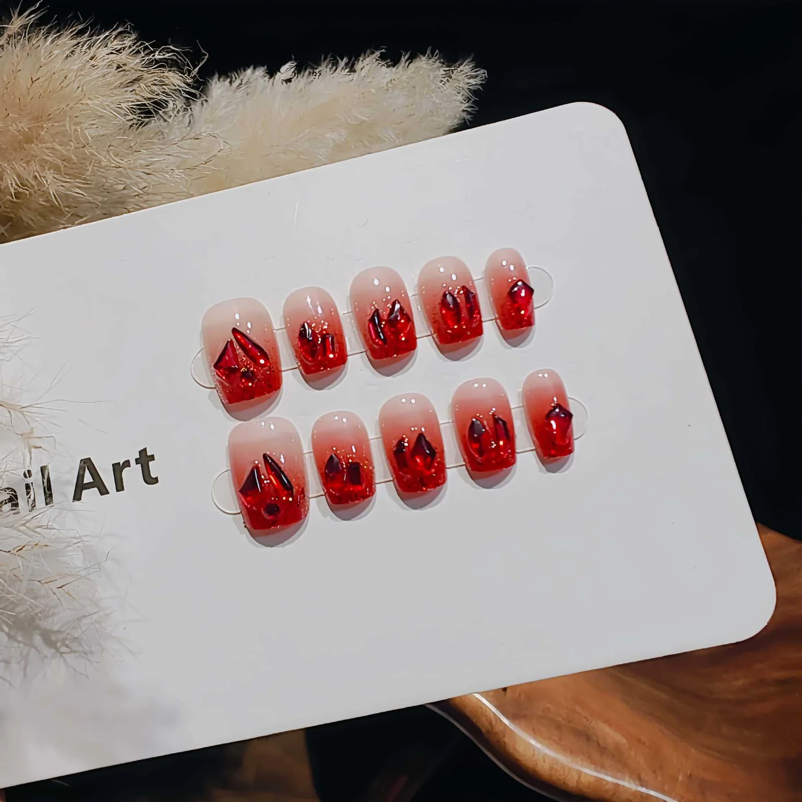 Rode gradient katenoog press-on nails kort ballerina met strass