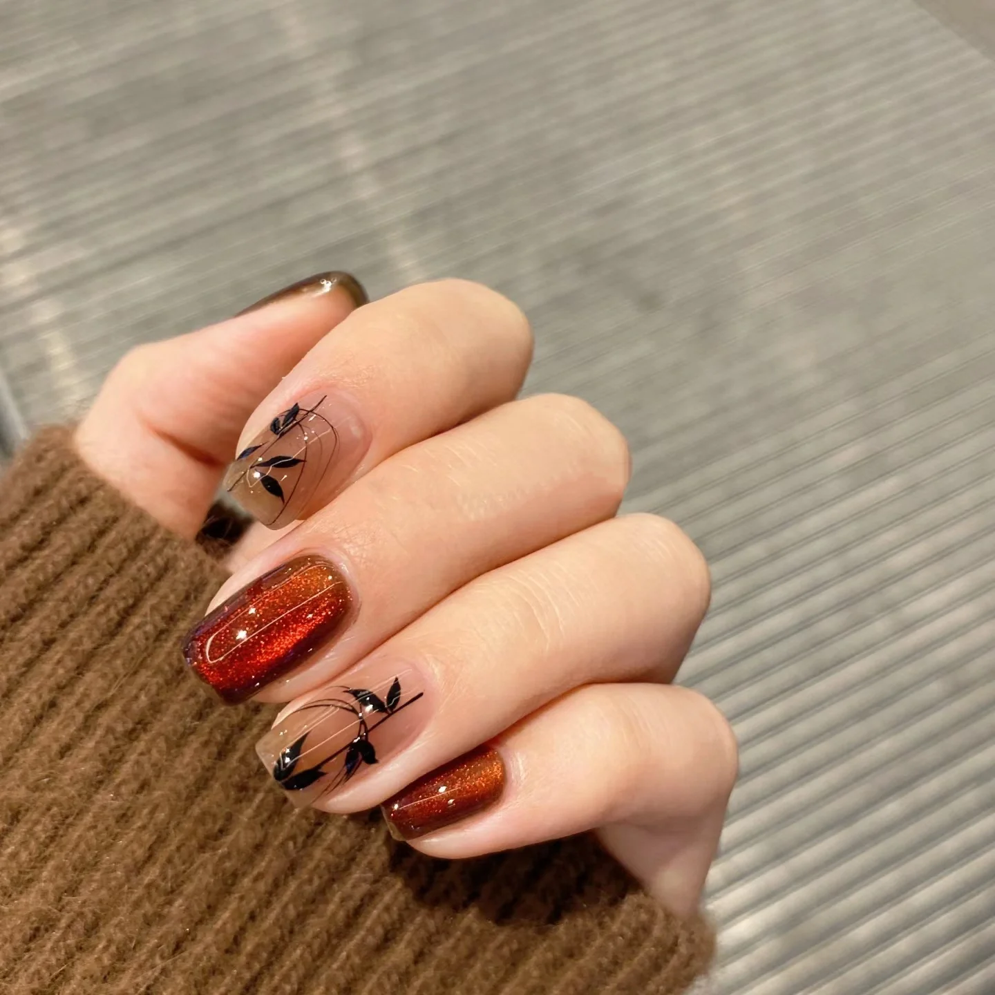 Unghie Finte Cat Eye Bambù Rosse, Corte Quadrate con Glitter