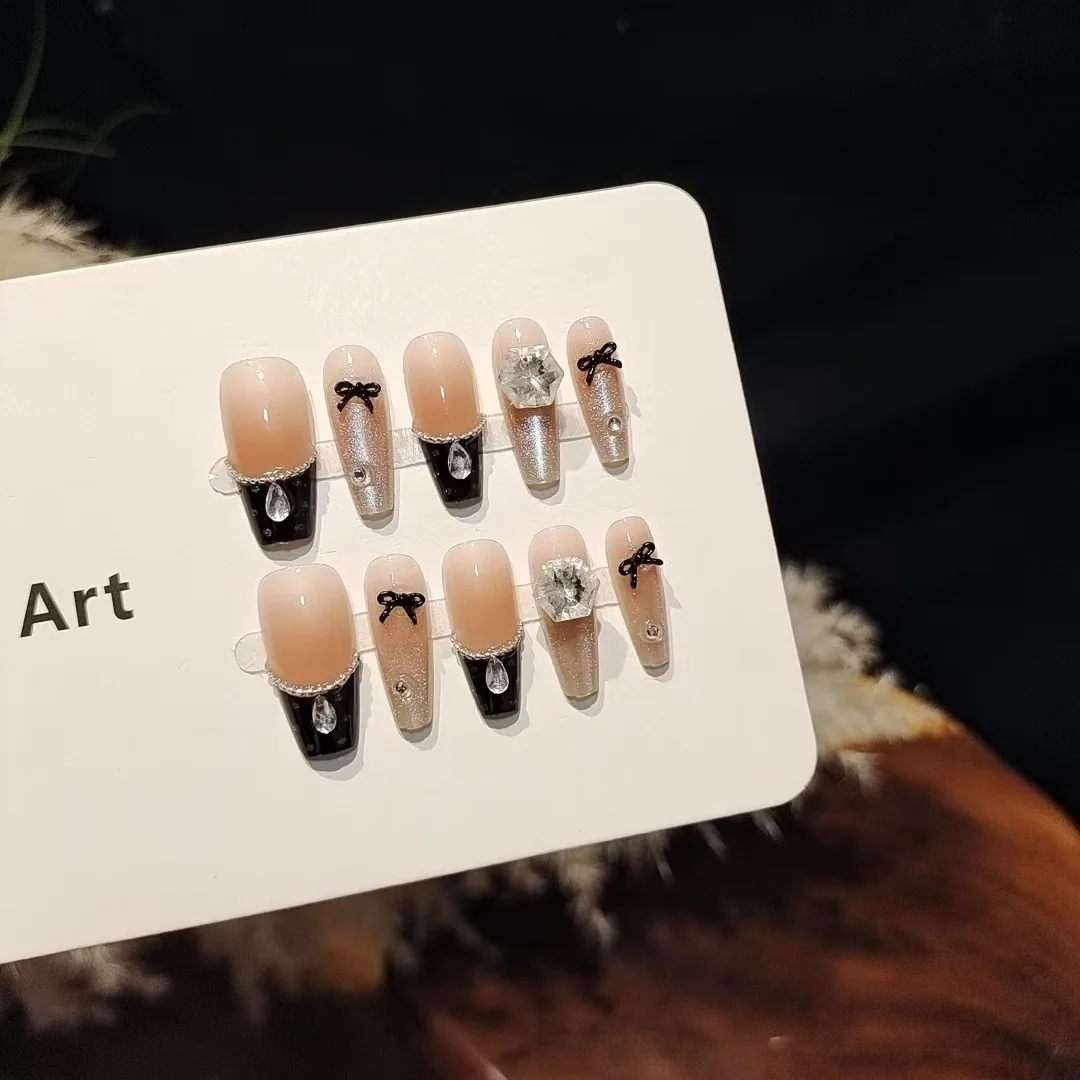 Press-On Noktice Breskva i Tamna Čokolada s Mašnom, Cat Eye Glitter Dizajn