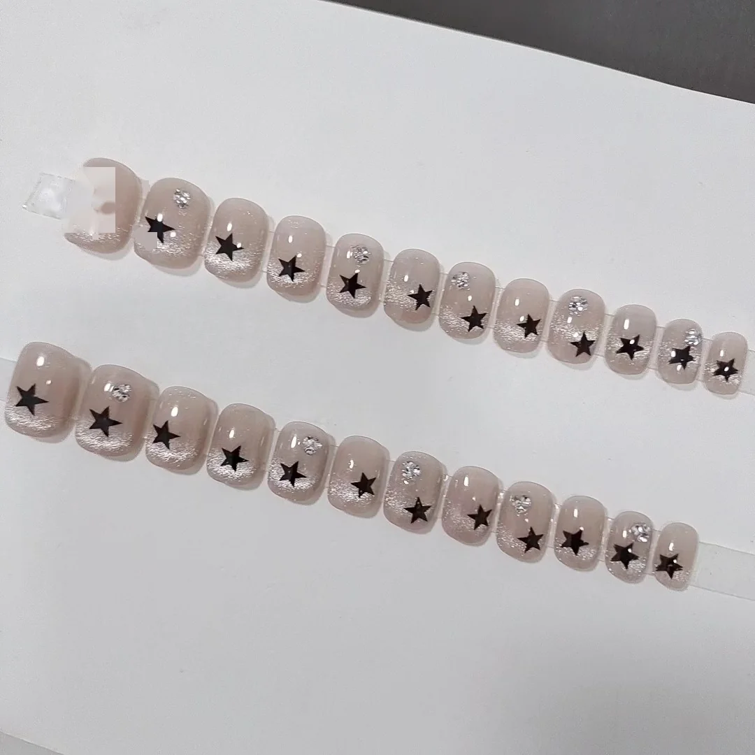 Unghie Finte Occhio di Gatto Corte Tonde Design a Stella 24 Pezzi Riutilizzabili
