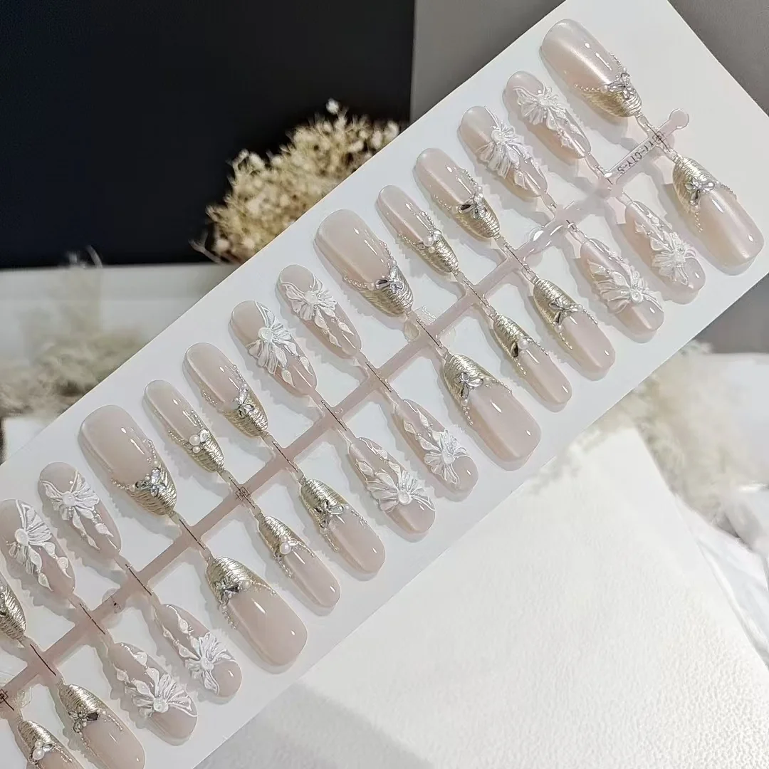 Press-On Nails with 3D Butterflies and Flowers, Long Stiletto Shape