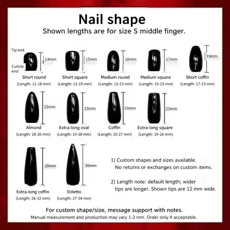 Red Floral Press-On Nails Medium Coffin Shape Glitter Finish 10 Pieces