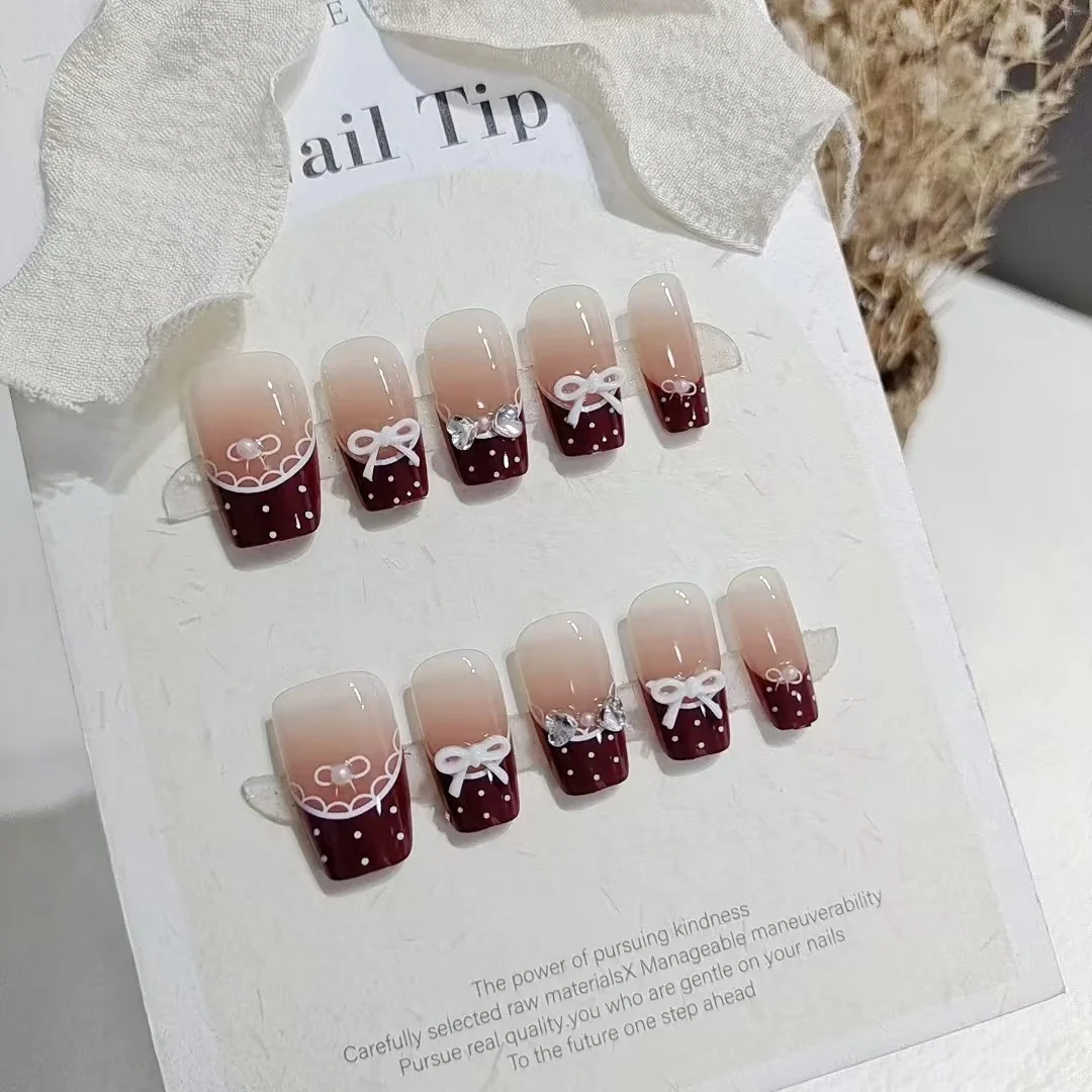 Ballet Skirt Press-On Nails with Red Bow, Polka Dot Short Tips