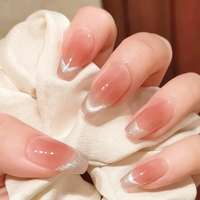 Nalepovacie nechty Cat Eye Blush, dlhý tvar coffin, trblietavý povrch