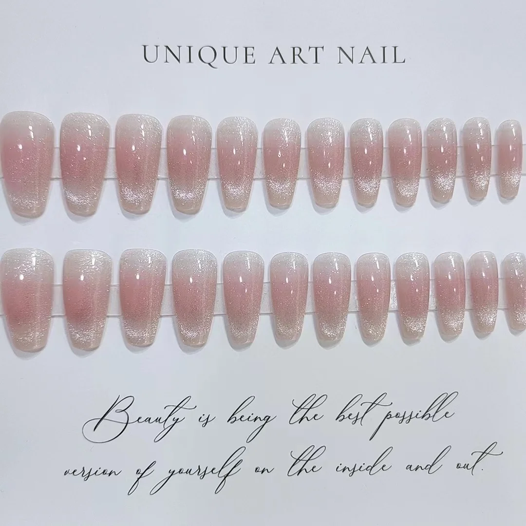 Nalepovacie nechty Cat Eye Blush, dlhý tvar coffin, trblietavý povrch