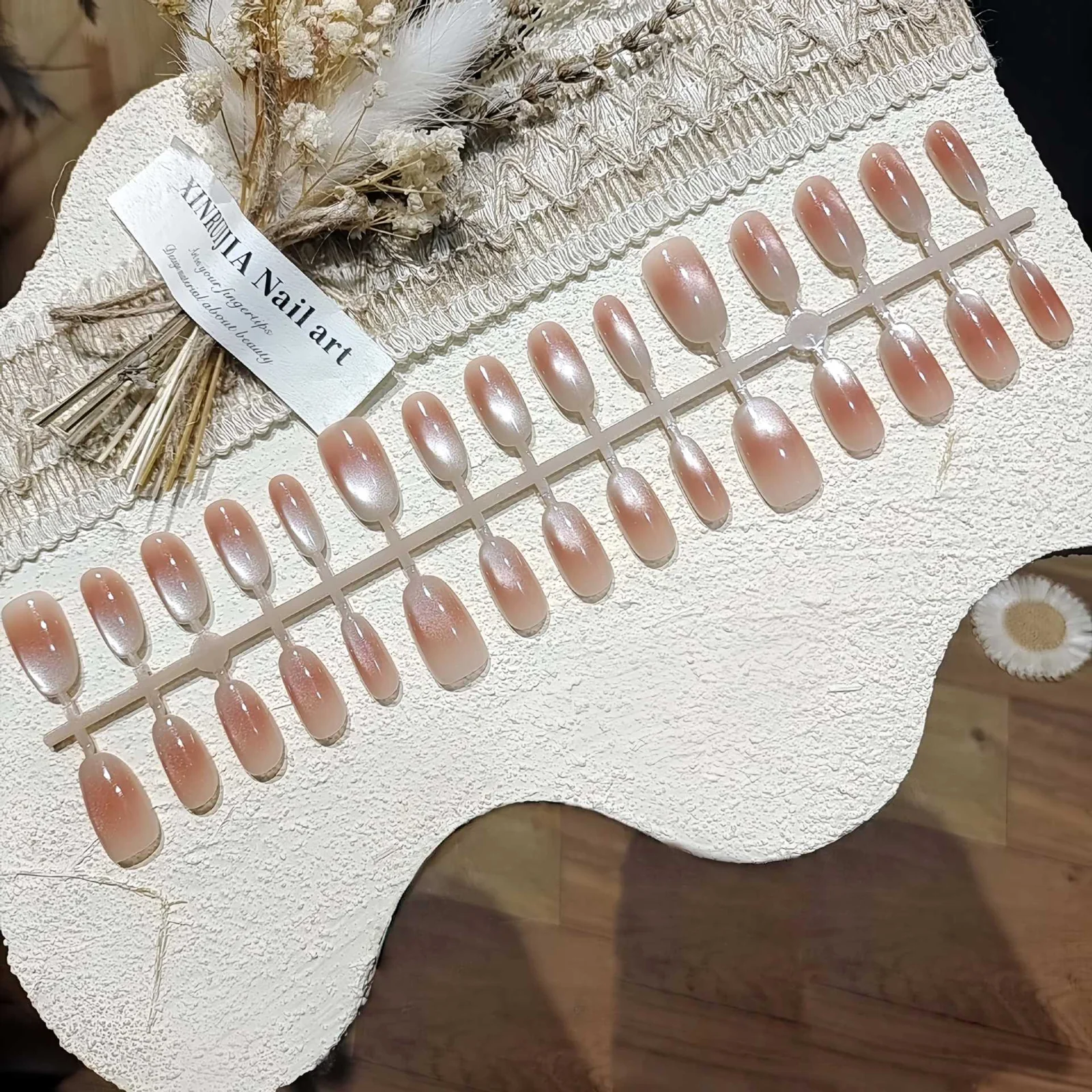 Πορτοκαλί Ροζ Cat Eye Τεχνητά Νύχια Κοντά/Μεσαία Οβάλ