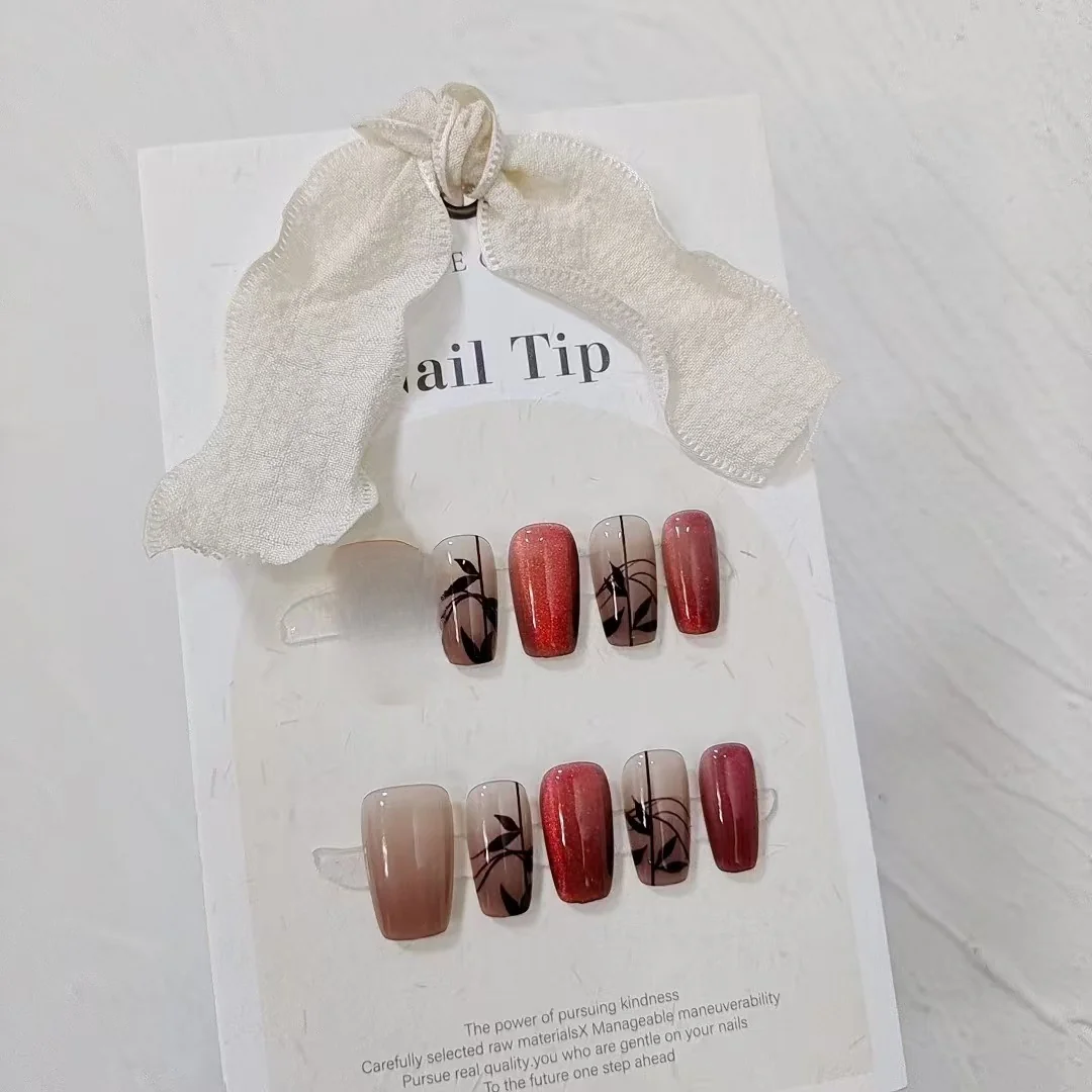 Unghie Finte Cat Eye Bambù Rosse, Corte Quadrate con Glitter
