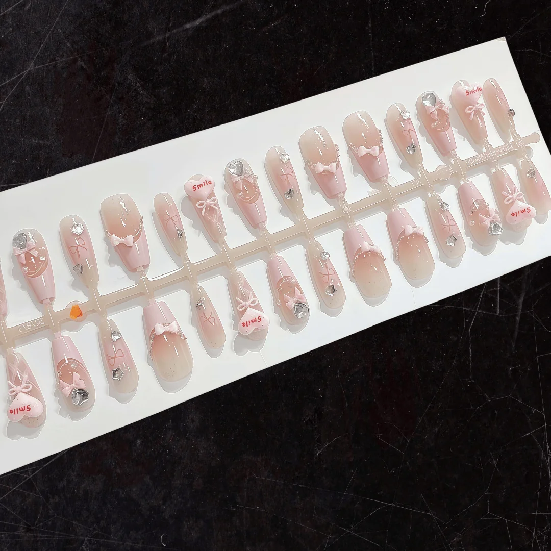 Press-On Nails French Tip Heart Bow Design 30 Pieces