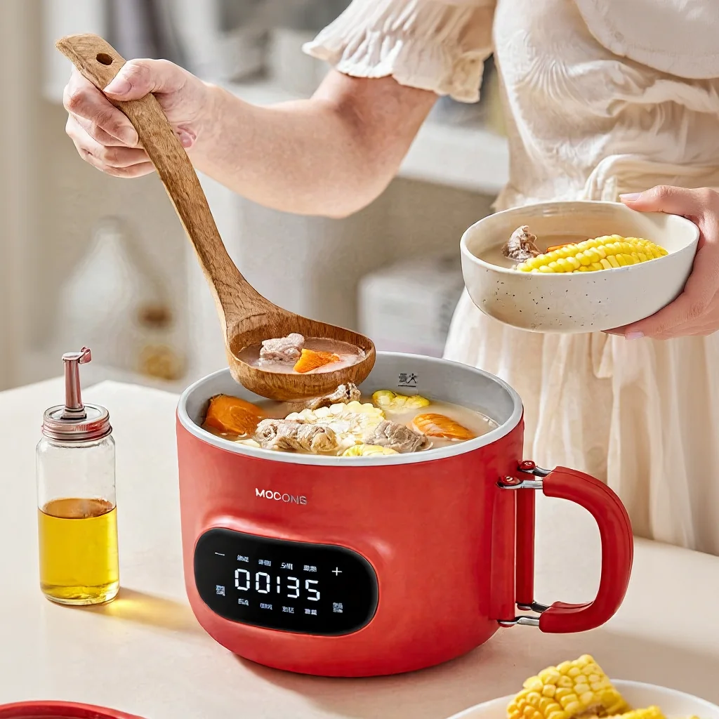 Mini Electric Cooking Pot 2L Nonstick Ceramic Liner with Steamer