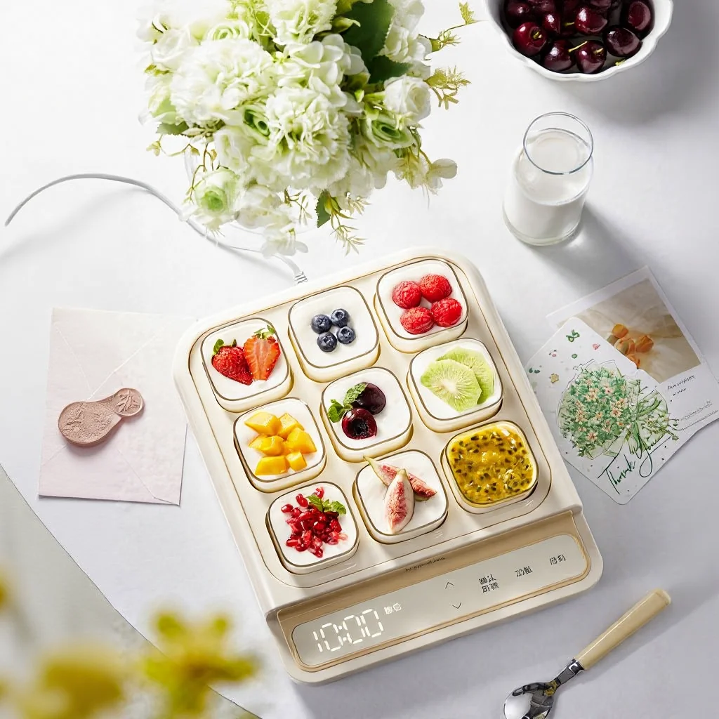 Elektrisk yoghurtmaskine med 9 koprum og glas-indergryde