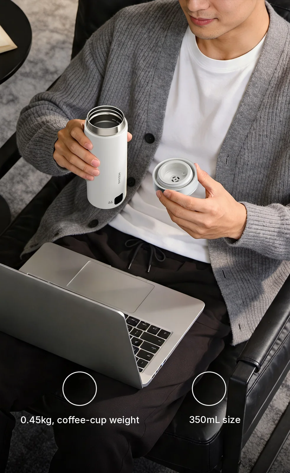 Cawan Pemanas Air Elektrik Mudah Alih 350ml Keluli Tahan Karat 316L