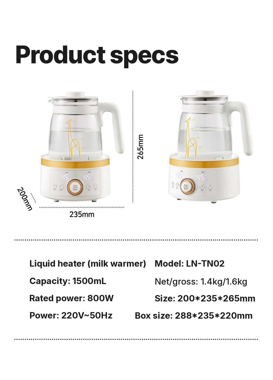 Lasinen vauvanmaidon lämmityskeitin 1.5L 220V