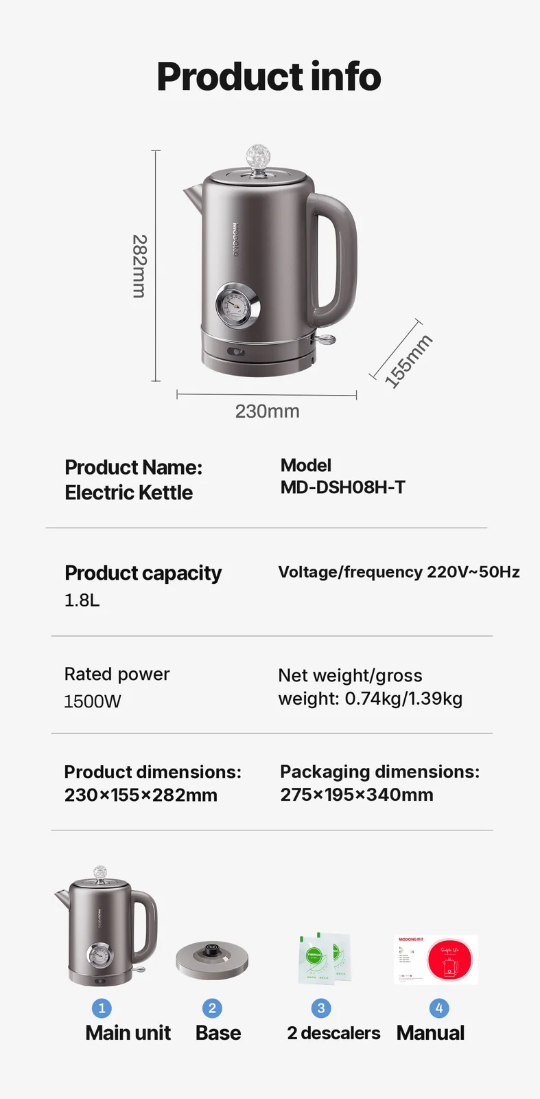 Reiner Titan-Wasserkocher 1.8L mit Temperaturanzeige