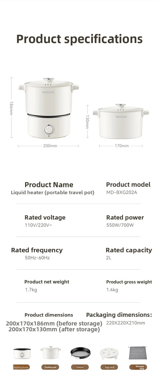 Hordozható összecsukható elektromos főzőedény 110V-220V 550W/700W