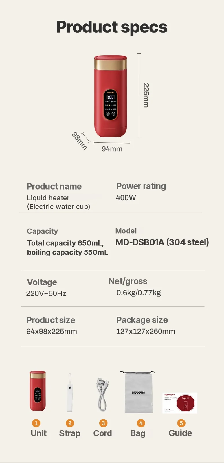 Přenosný elektrický ohřívací hrnek na vodu 650ml 304 vložka 220V