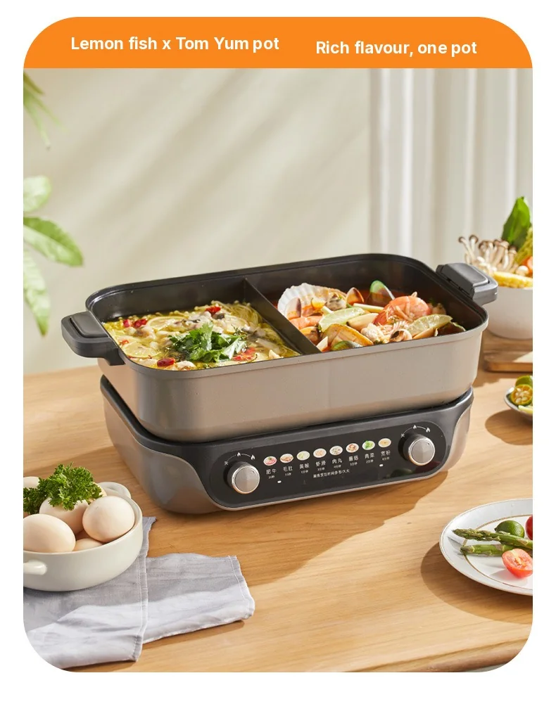 Hot pot électrique divisé, commande à double molette, 8L, noir