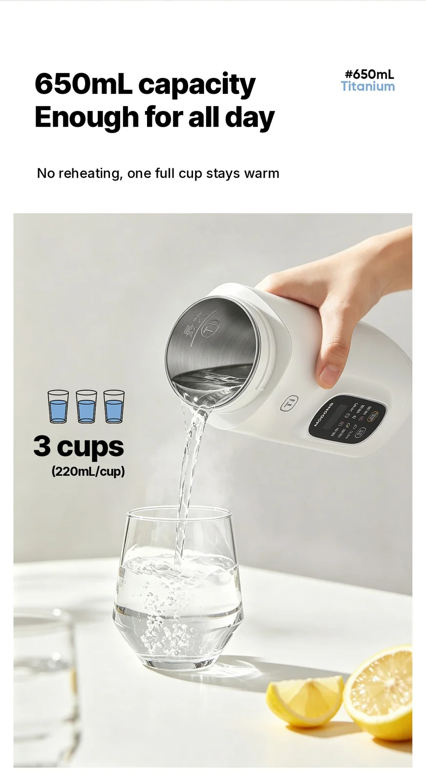 Titāna elektriskā ceļojumu ūdens sildkrūze, 650ml, 220V