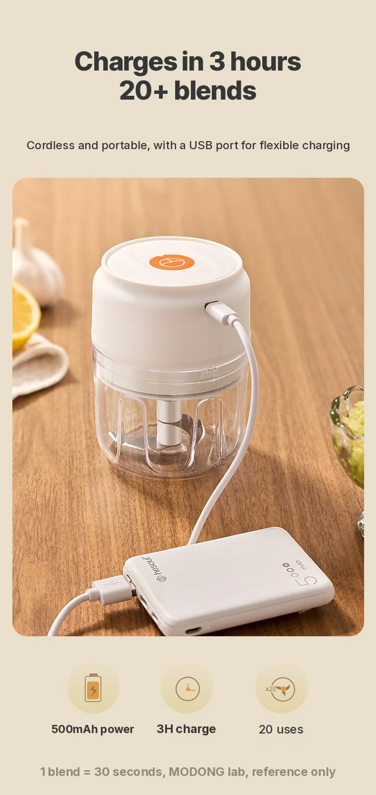 Bærbar elektrisk hvidløgshakker 250 ml trådløs foodprocessor
