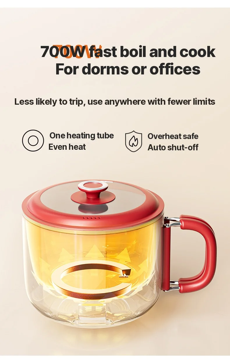 Mini Electric Cooking Pot 2L Nonstick Ceramic Liner with Steamer