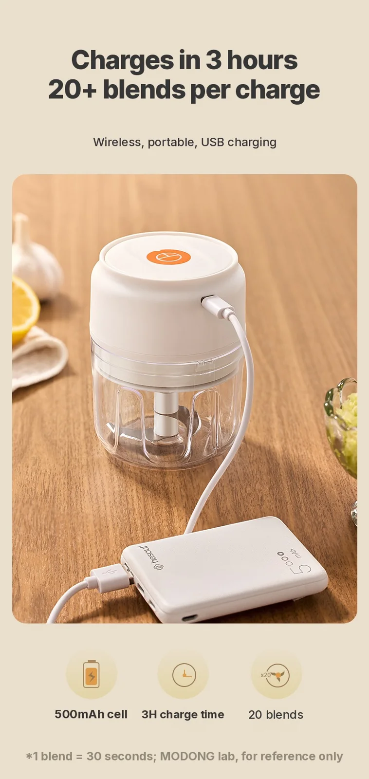 Draadloze elektrische knoflookhakbeker 250mL 5V 30W kunststof