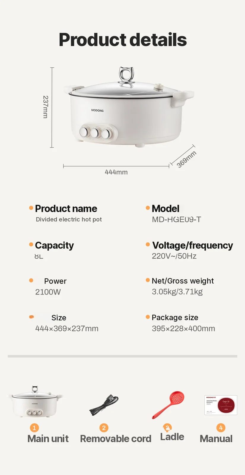 Olla eléctrica con divisor, 5.6L/8L, 220V