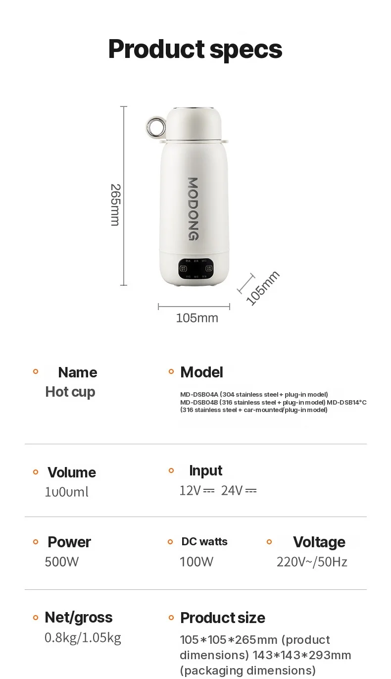 Bollitore elettrico da viaggio portatile 1L in acciaio inox 316