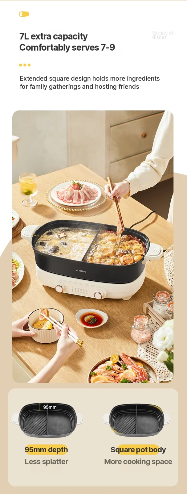 Delený elektrický hot pot 7L s nezávislou reguláciou teploty v dvoch zónach