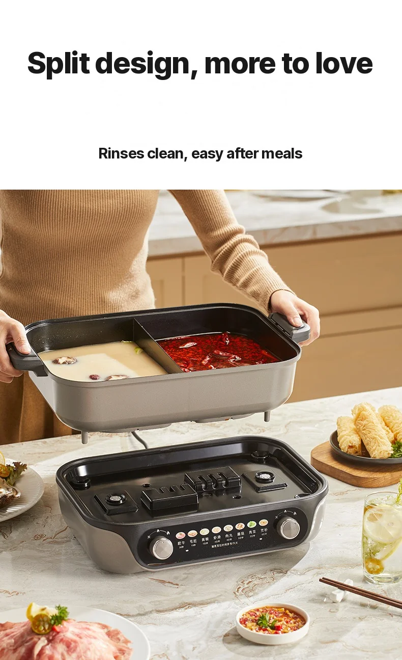 Hot pot électrique divisé, commande à double molette, 8L, noir