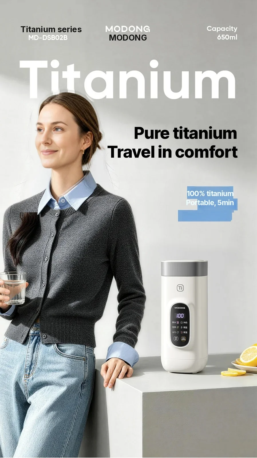 Titanium elektrisk rejse-vandvarmekop, 650 ml, 220V