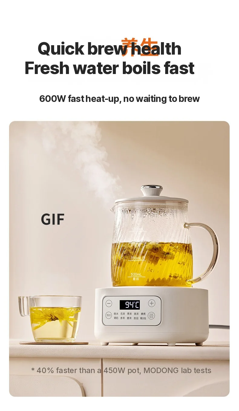 Glas elektrisk health pot med temperaturstyring 1.2L
