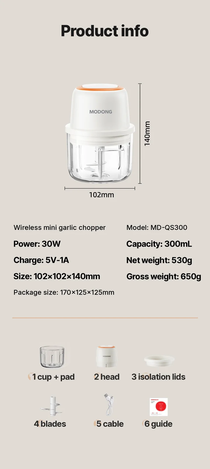 Elektrisk hvidløgshakker Mini foodprocessor 300 ml 5V 45W