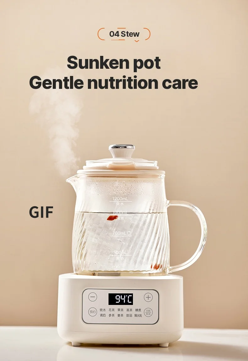 Glas elektrisk health pot med temperaturstyring 1.2L