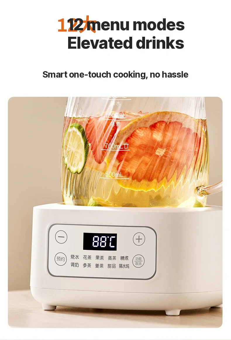 Glas elektrisk health pot med temperaturstyring 1.2L
