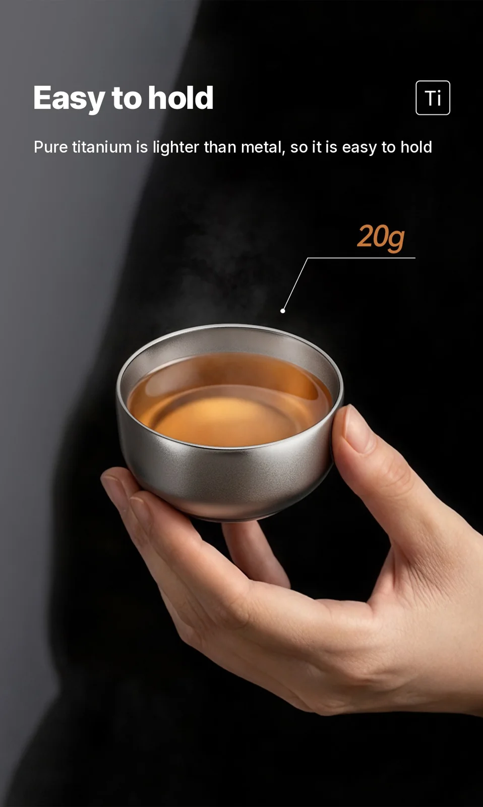 Bộ chén trà Gongfu bằng titanium nguyên chất 55ml, thủ công, hoàn thiện trơn