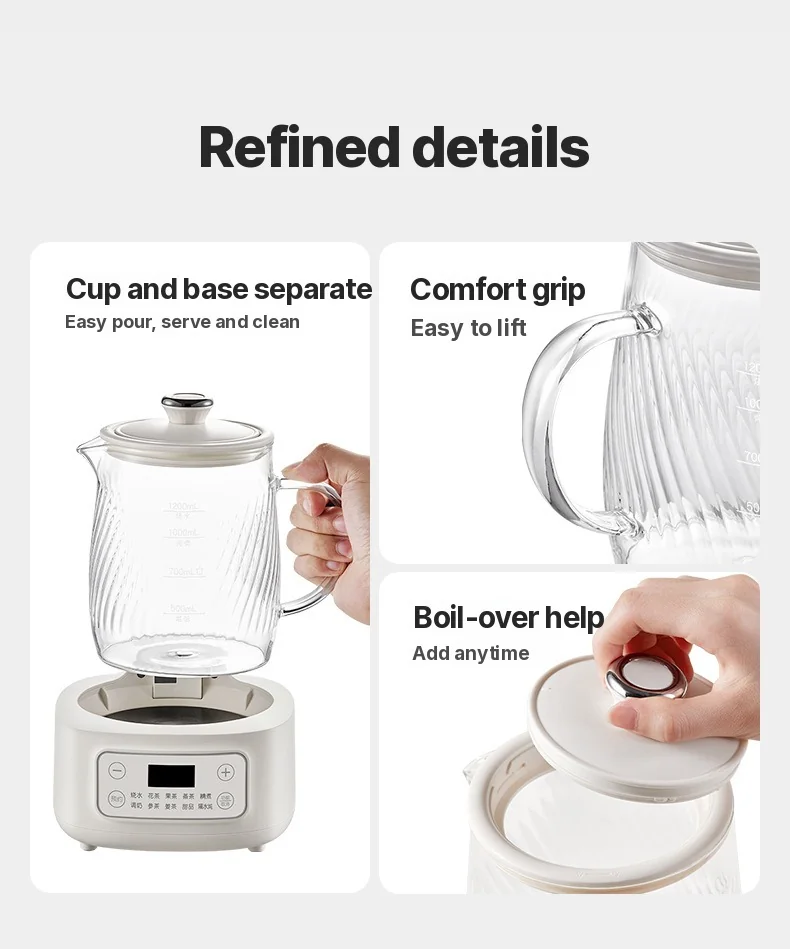 Glas elektrisk health pot med temperaturstyring 1.2L