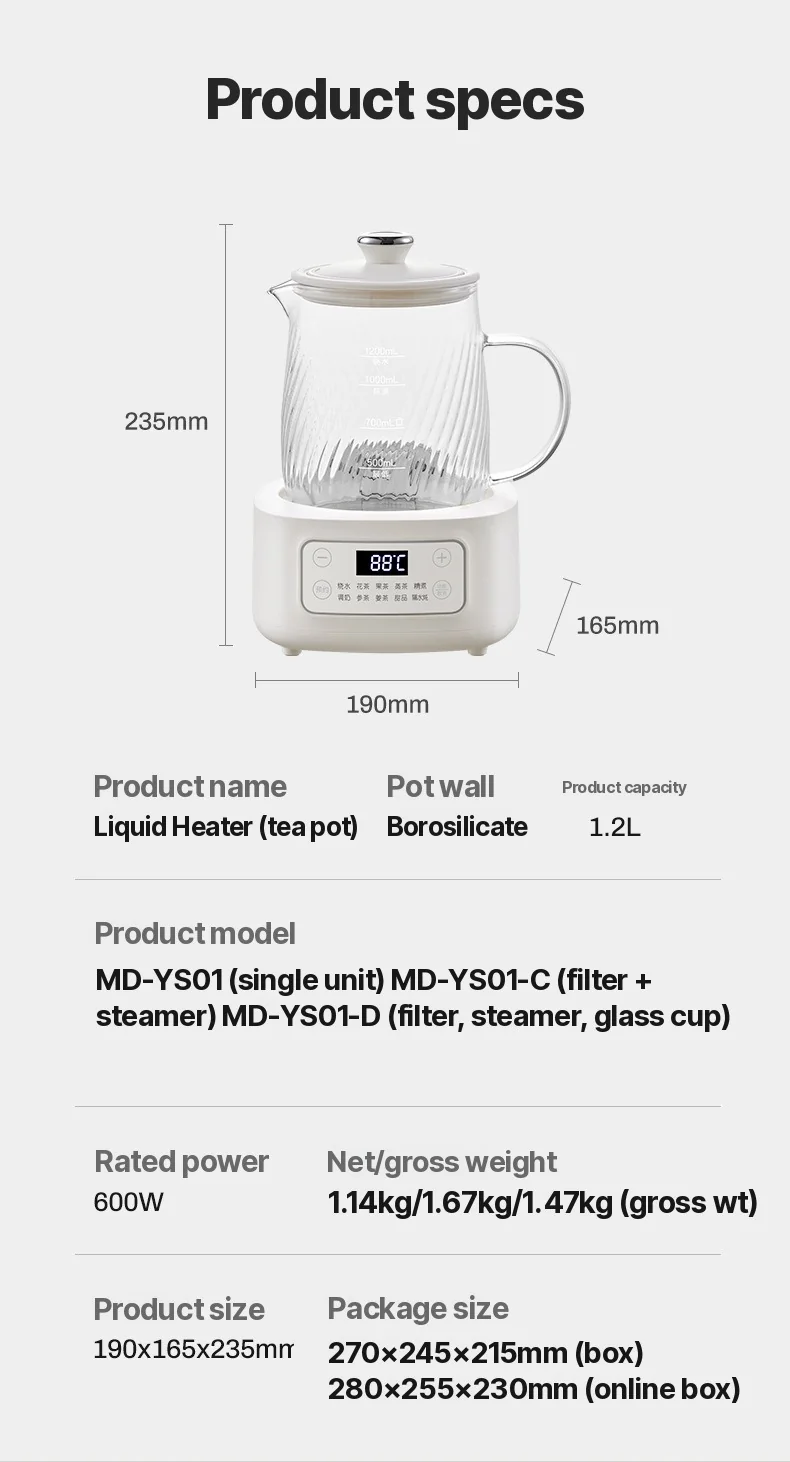 Glas elektrisk health pot med temperaturstyring 1.2L
