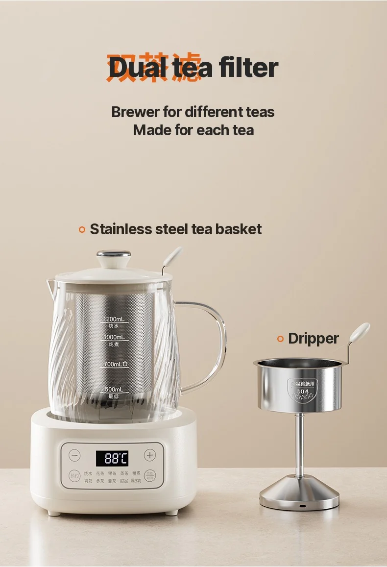 Glas elektrisk health pot med temperaturstyring 1.2L