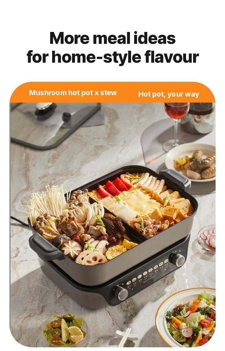 Hot pot électrique divisé, commande à double molette, 8L, noir