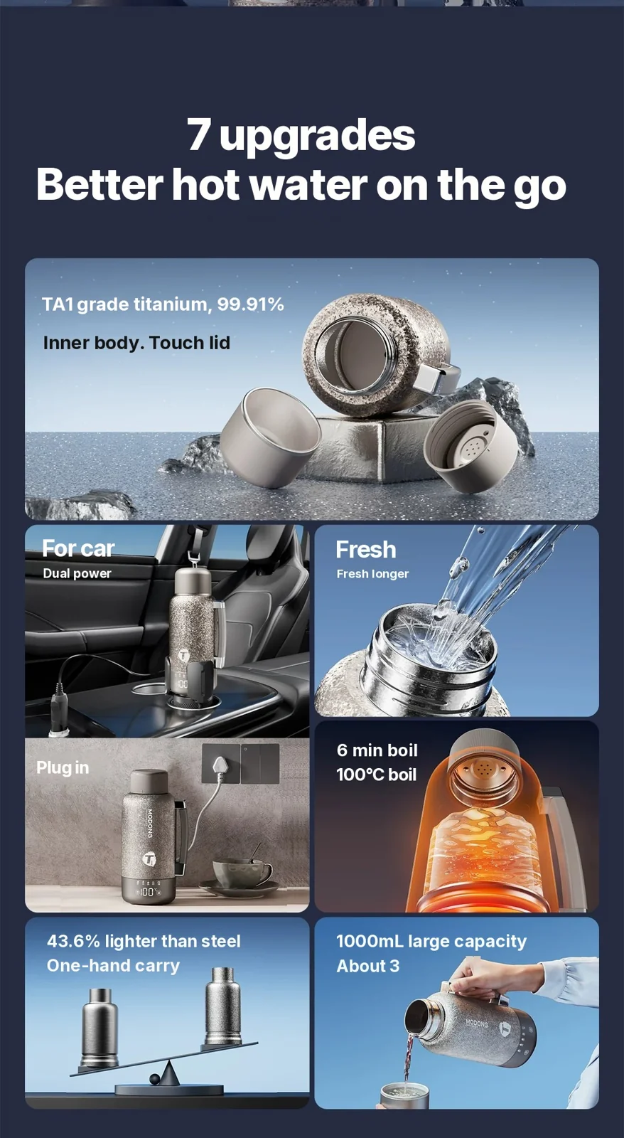 כוס חימום חשמלית ניידת מטיטניום 1L קומקום נסיעות במצב כפול