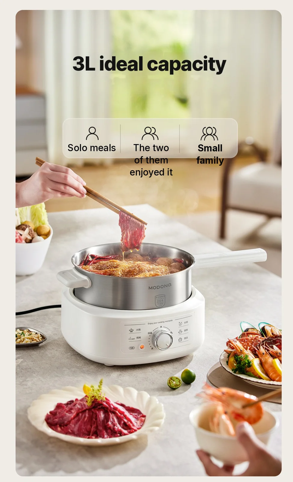 Rustfrit stål elektrisk hotpot med damper, 3L, 220V