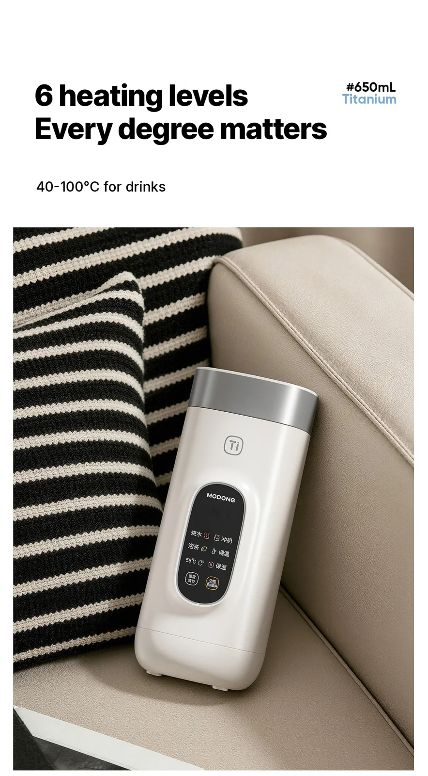 Titāna elektriskā ceļojumu ūdens sildkrūze, 650ml, 220V