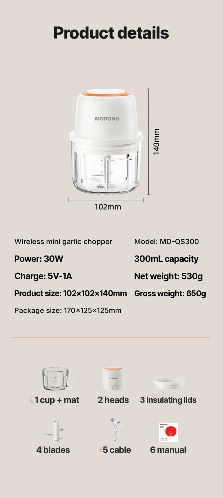 Elektrisk barnmatsberedare glaskopp 300ml 45W