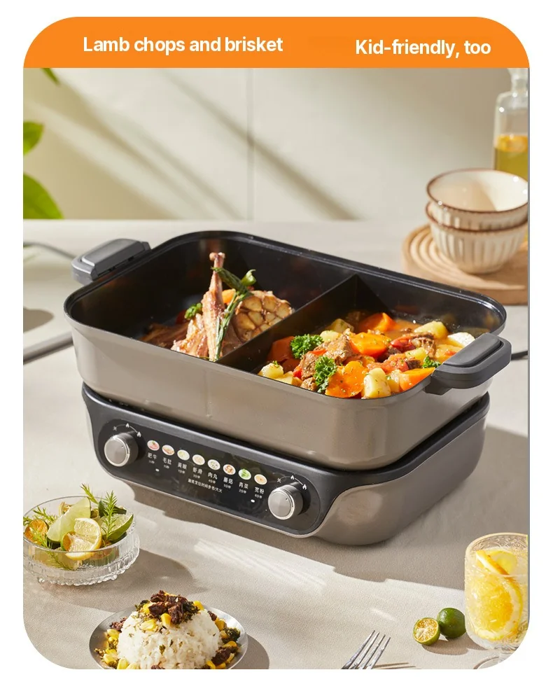 Hot pot électrique divisé, commande à double molette, 8L, noir