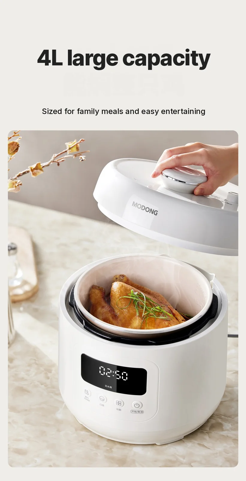 Panela de Pressão Elétrica 4L com Revestimento Cerâmico, 800W, Controle por Toque