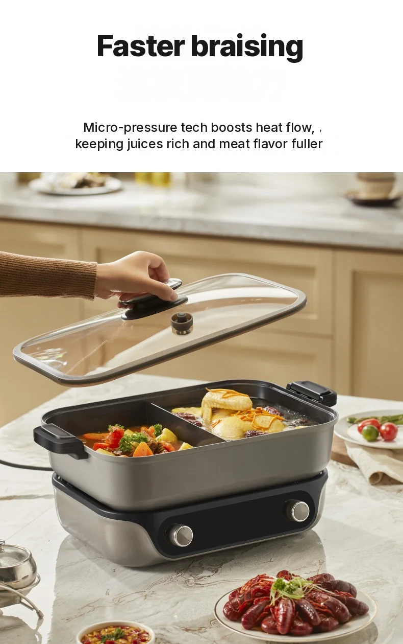 Hot pot électrique divisé, commande à double molette, 8L, noir