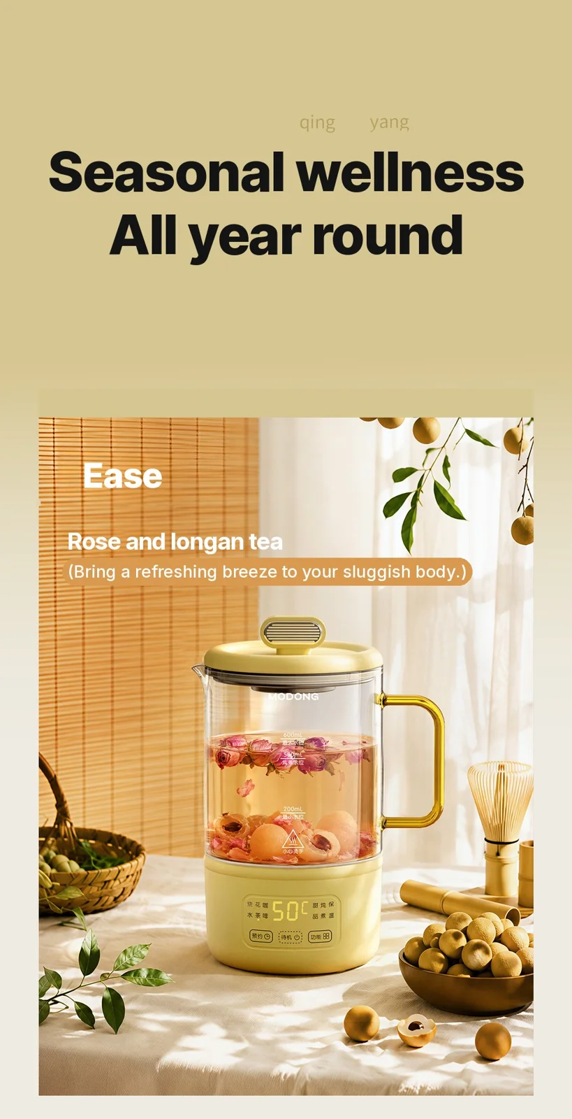 סיר בריאות חשמלי מזכוכית 600ml 500W עם שמירה על חום וטיימר