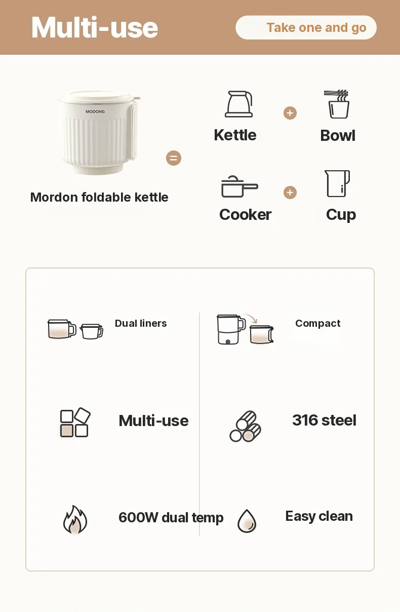 Taza hervidora eléctrica plegable de acero inoxidable