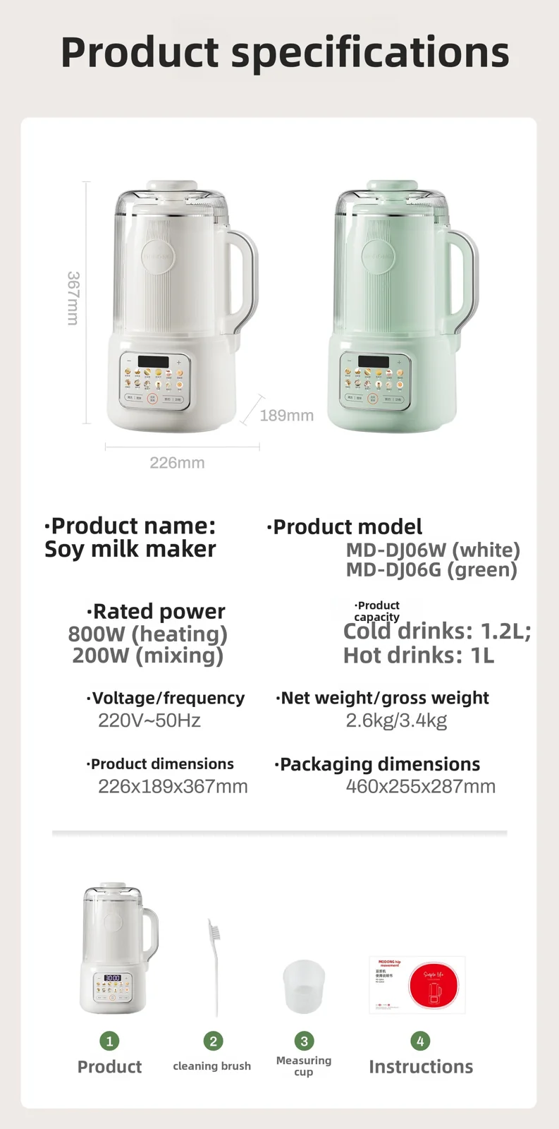 Pengisar Pemanas Pembuat Susu Soya Dengan Pembersihan Sendiri 800W