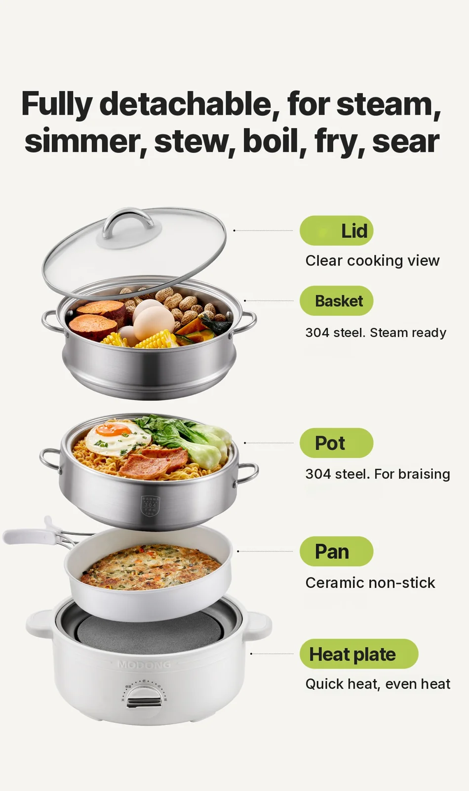 Osztott elektromos hot pot rozsdamentes acélból, 2L, 3 hőfokozat