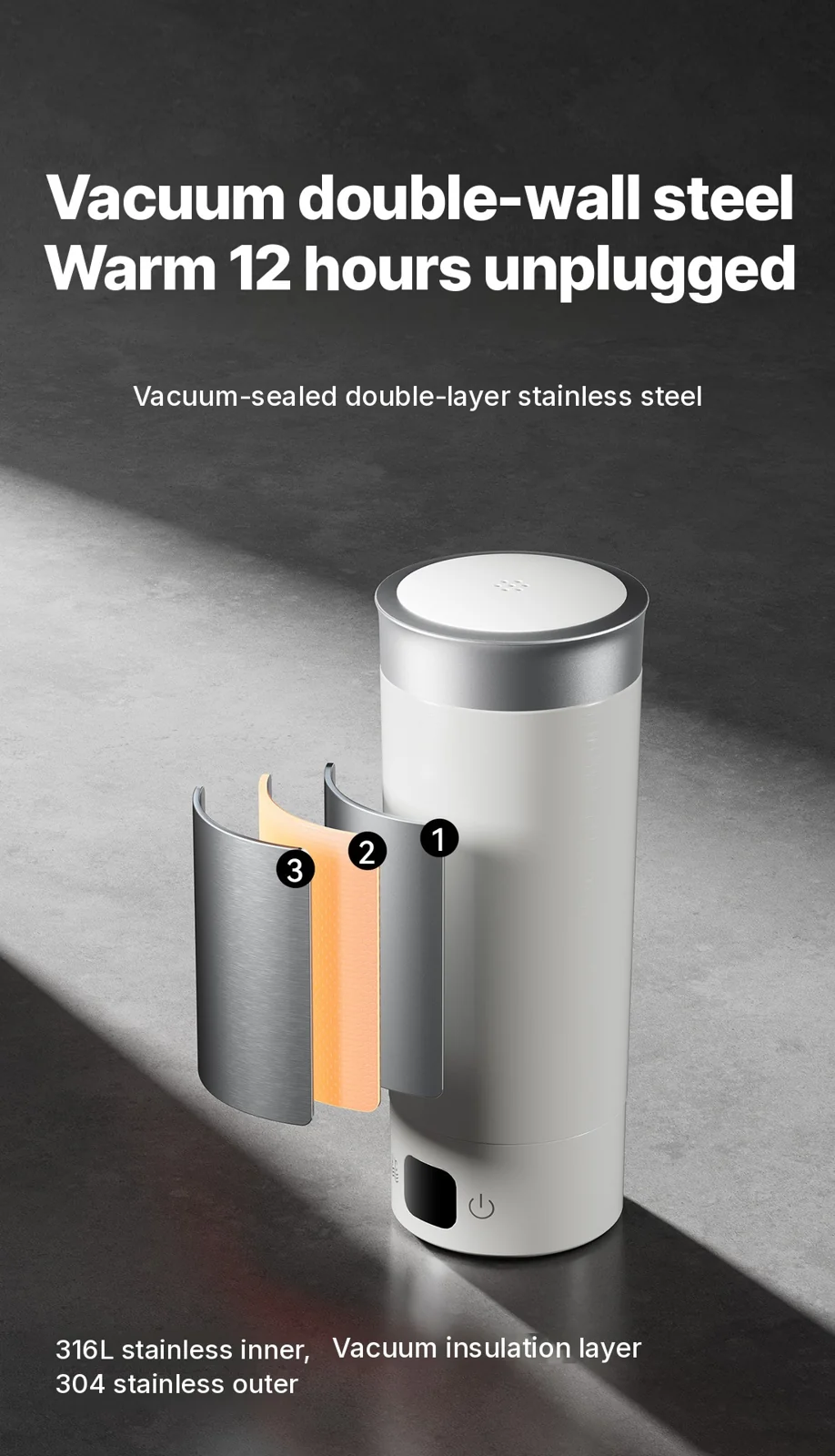 Portable Electric Water Heating Cup 350ml 316L Stainless Steel